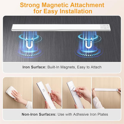 Gritin 14.7inch Under Cabinet Lighting Rechargeable - 128 LED Super Bright, 3-Color&5 Level Brightness, 4 Modes, Motion Sensor, Long Lasting-Easy Installation Magnetic Closet Lights - 2 Pack-Silver