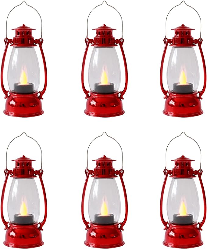 Red Mini Lanterns(12 Pcs-5.1in) with Flickering LED Candle Lights, Vintage Small Western Lanterns for Table Centerpiece, Indoor & Outdoor Christmas Tree Ornaments, Camping Party Decorations