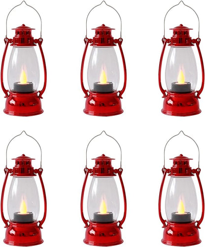 Red Mini Lanterns(12 Pcs-5.1in) with Flickering LED Candle Lights, Vintage Small Western Lanterns for Table Centerpiece, Indoor & Outdoor Christmas Tree Ornaments, Camping Party Decorations