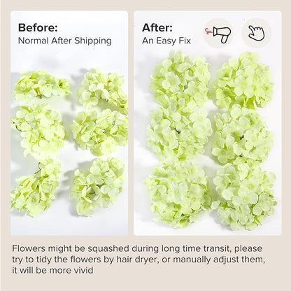 Auihiay 64 PCS Full Hydrangea Flowers, Silk Hydrangea Artificial Flowers Heads with Stems, Artificial Flowers for Wedding, Garden, Baby Shower, Party, Outdoor Indoor Decoration (Light Green)
