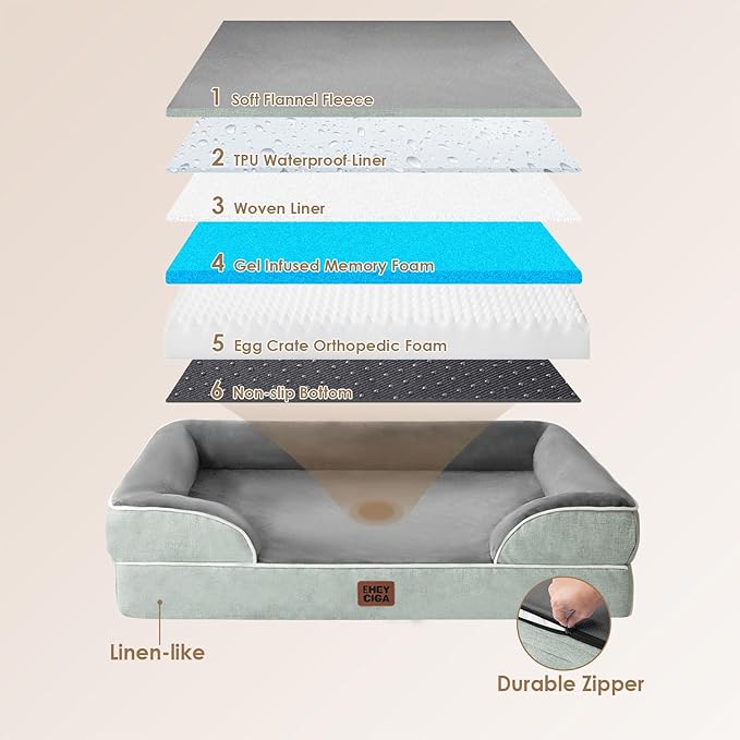 EHEYCIGA Orthopedic Dog Beds for Extra Large Dogs, Waterproof Memory Foam XL Dog Bed with Sides, Non-Slip Bottom and Egg-Crate Foam Big Pet Couch Bed with Washable Removable Cover, Greyish Green-Mewly Pet