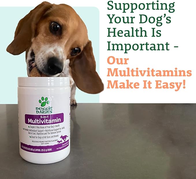 Doggie Dailies 5 in 1 Multivitamin for Dogs, Dog Multivitamin for Skin and Coat Health, Joint Health, Improved Digestion, Antioxidants, Support a Healthy Immune System (Peanut Butter) 225 Soft Chews-Mewly Pet