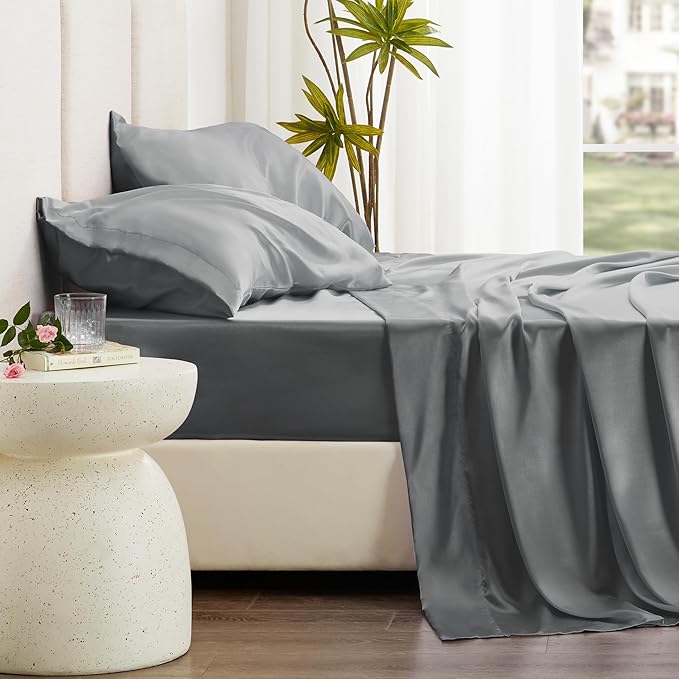 Love's cabin Twin XL Satin Sheet Sets - 3 Piece Dark Grey Silky Bed Sheets with Deep Pockets, Luxury Silk Feel Satin Sheet Set Twin XL (1 Flat Sheet,1 Fitted Sheet,1 Pillow case)