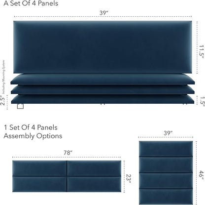 Vänt Upholstered Wall Panels - King/Cal King Size Wall Mounted Velvet Headboards - Velvet Peacock Blue - Twin/King - Set of 4 Panels (Each Individual Panel 39"x11.5")