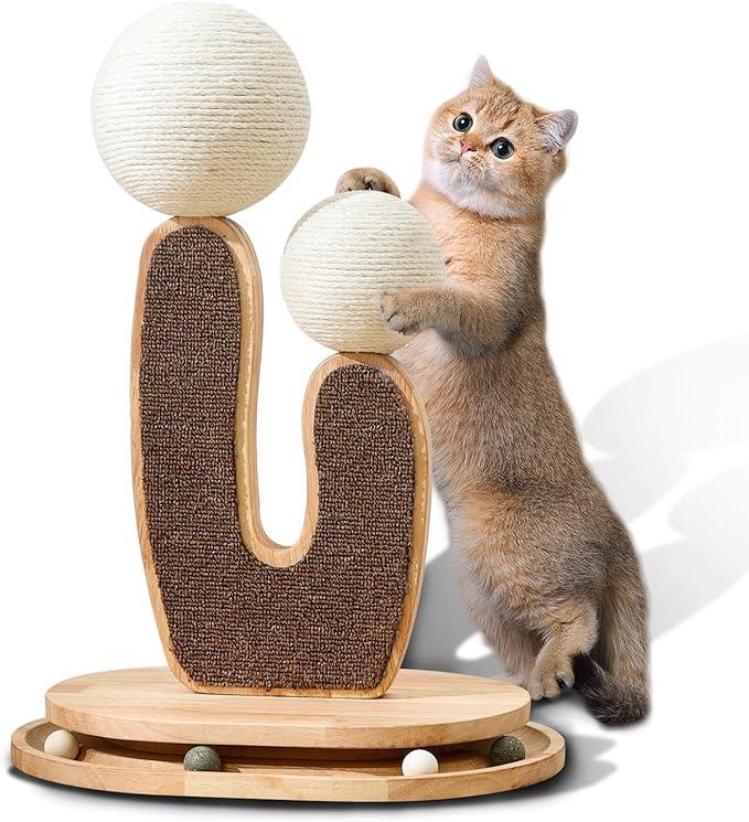 Cactus-Shaped Cat Scratching Post with Cat Scratcher, Interactive Toy Balls, Handmade with Natural Materials, Cute Cat Scratching Post, Easy-to-Clean Cat Furniture-Mewly Pet