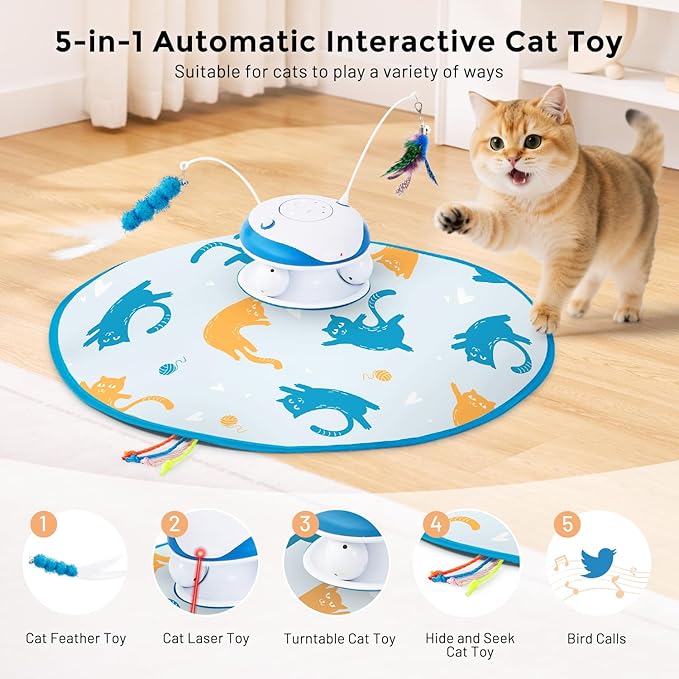 Interactive Cat Toy for Indoor Cats - 5 in 1 Cat Laser Toy Automtaic, Rechargble Motion Activated Hide and Seek Toy with Moving Feather, Tarck Balls and Chirping for Bored Kitten Exercise-Mewly Pet