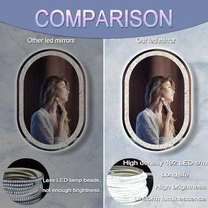 40 x 20 Inch Crystal Oval Vanity Mirror with Lights 3 Color Memory Function Dimmable Antifog 40 Inch Diamond Crystal LED Oval Lighted Mirror for Bathroom Salon Wall Horizontal/Vertical Mount