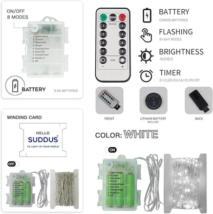 suddus 66ft 200 LED Outdoor String Lights, White Fairy Lights Battery Operated with Remote, Led Twinkle Lights for Bedroom, Wreath, Patio, Tapestry, Backyard, Garden, Christmas, Party, Indoor