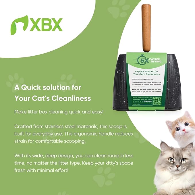 XBX Cat Litter Scoop with Holder, Heavy Duty Litter Sifter, Stainless Steel Litter Shovel, Litter Scooper with Beech Wood Grip and Washable Stand, Perfect for Cat Litter Box Cleaning-Mewly Pet