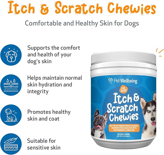 Pet Wellbeing Itch & Scratch Chewies for Dogs - Supports Healthy Itch Response to Occasional Skin Allergies, Skin Health, Chinese Pearl Barley, Phellodendron - Veterinarian-Formulated 90 Soft Chews-Mewly Pet