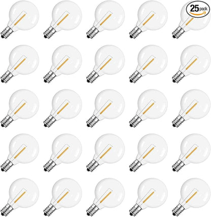 Meconard G40 1.57 Inch Led Replacement Light Bulbs, E12 Screw Base Shatterproof LED Small Globe Light Bulbs for Outdoor String Lights, 1Watt Equvalent to 5 Watt Incandescent Bulbs, Warm White, 25Pack