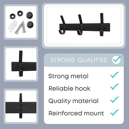 Matte Black Small Coat Rack Wall Mount – 9 Inch Stainless Steel Hook Rail with 3 Double Coat Hooks – Wall Mounted Entryway Organizer for Coats, Hats, Bags, Towels, Robes, Closet or Bathroom
