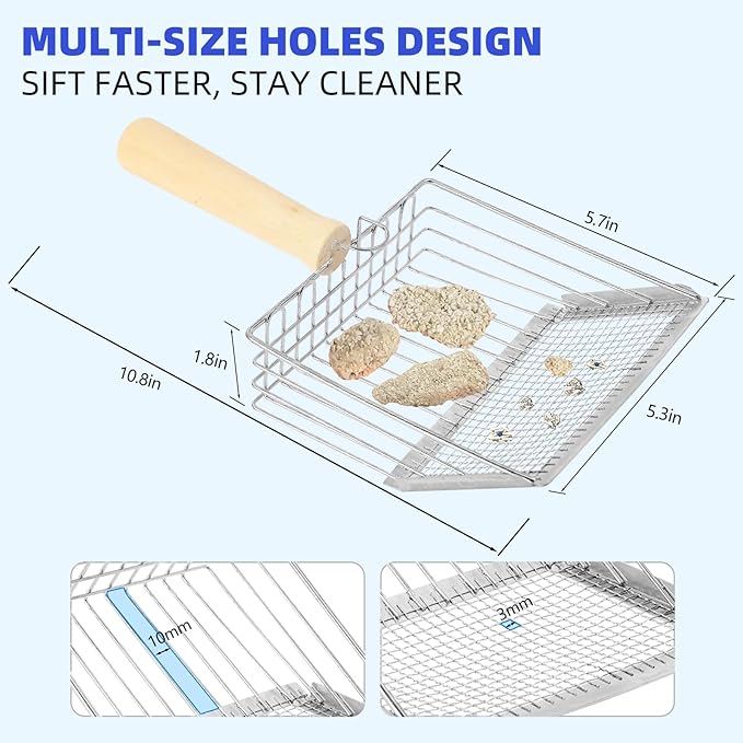Litter Scooper, Metal Litter Scoop, Pooper Scooper with Wooden Handle, Cat Litter Scoop, Metal Scooper & Speed Sifter Deep Shovel Scoop Filter,Kitten Pooper Lifter for Litter Box-Mewly Pet