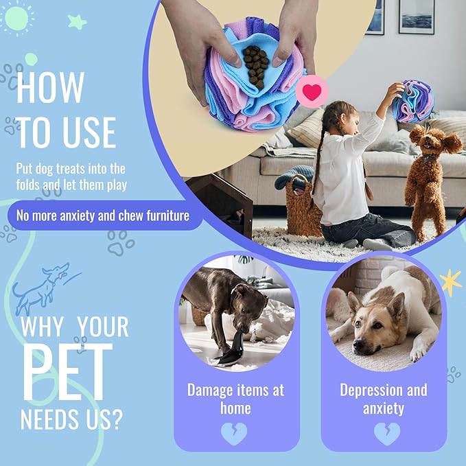 Pet Snuffle Ball, Puzzle Sniffing Interactive Dog Ball for Blind Dogs Training Stress Relief Dog Enrichment Toys Treat Machine Washable (Macarons Color, 10cm)-Mewly Pet