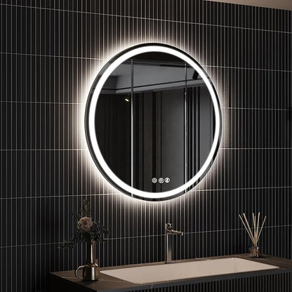 ROOMTEC LED Mirror,28" Round Backlit & Front-lit Vanity, Adjustable 3000K/4000K/6000K, Anti-Fog, Smart Touch, Stepless Dimmable