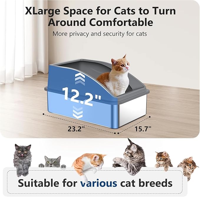 Stainless Steel Litter Box, Extra Large Litter Boxes for Big Cats, XL Metal Cat Litter Box with Lid, Anti-Urine Leakage, Non-Sticky, Include Cat Mat and Litter Scoop-Mewly Pet