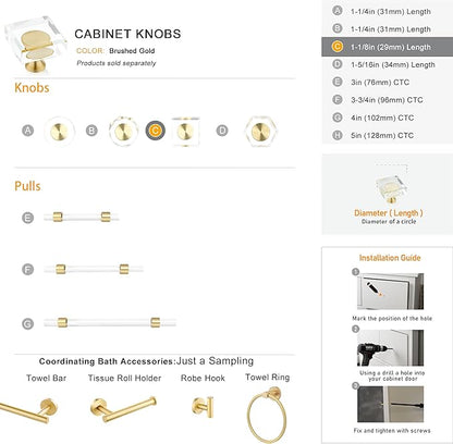 QOGRISUN 10-Pack Brass Crystal Cabinet Knobs,Glass Crystal Gold Drawer Knobs,1-1/8-Inch Square,Decorative Dresser Pulls, Modern Cabinet Hardware