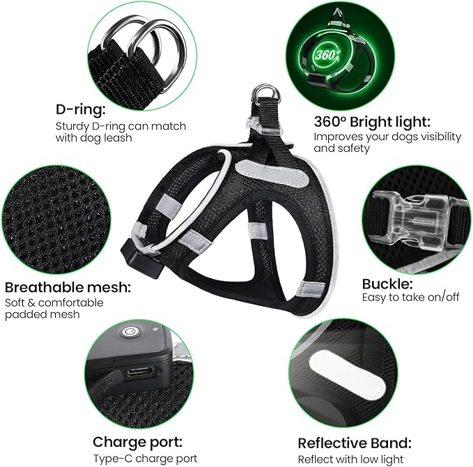 PceoTllar Light Up Dog Harness, LED No Pull Reflective Dog Harness, Flashing Lighted for Night Walking - Small/Medium, (Black Green,m)-Mewly Pet