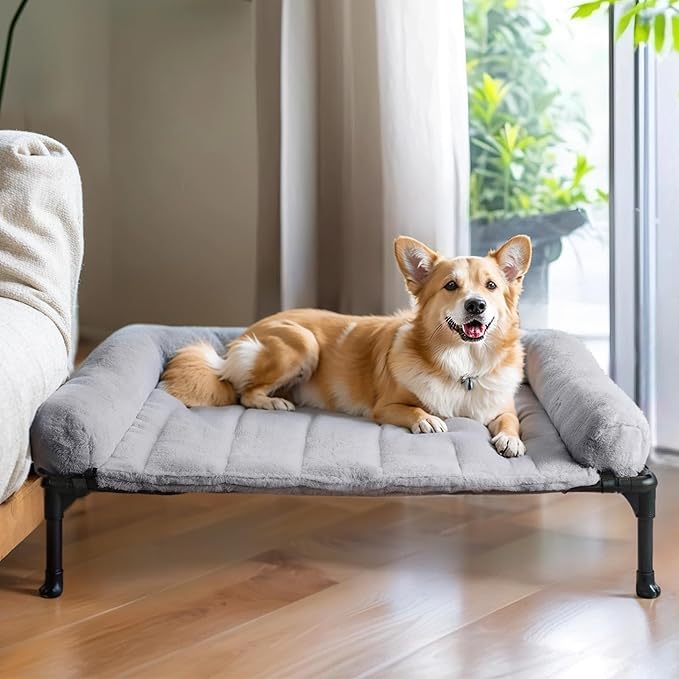 Veehoo Cooling Elevated Dog Bed with Fluffy Plush Bolster Cushion, Indoor Raised Dog Beds for Large Dogs, Soft Pet Sofa Cot with Removable Washable Mat, No-Slip Feet, 32 x 25 inches, Grey-Mewly Pet