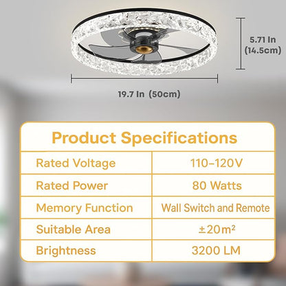 20'' Ceiling Fan with Light, Upgraded Low Profile Fan, Flush Mount Ceiling Fan, 6 Speeds, Dimmable LED, App & Remote Control, Quiet DC Motor, for Bedroom, Living Room, F098 Black