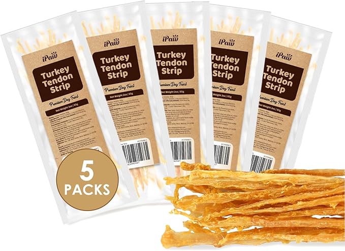 iPaw Turkey Tendons for Dogs, 100% Turkey and US Sourced Raw Material, Hypoallergenic, All Natural Human Grade Puppy Chew, Rawhide Alternative Dog Treats, 5 Unit/Pack Strip-Mewly Pet