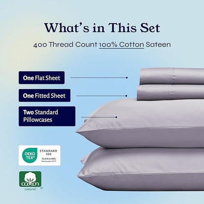 California Design Den Full Size Bed Sheets Set - Soft 400 Thread Count Sateen, Natural 100% Cotton Sheets with Deep Pockets, Breathable, Cooling and Durable Bedding Set - Dusky Lavender Grey