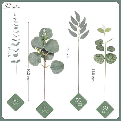 Serwalin 100pcs Artificial Mixed Eucalyptus Stems Leaveas Bulk, 4Kinds Fake Grennery Silver Dollar Eucalyptus Leaves Picks,Faux Greenry Stems Sprays for DIY Bouquets Floral Arrangement Home Decor