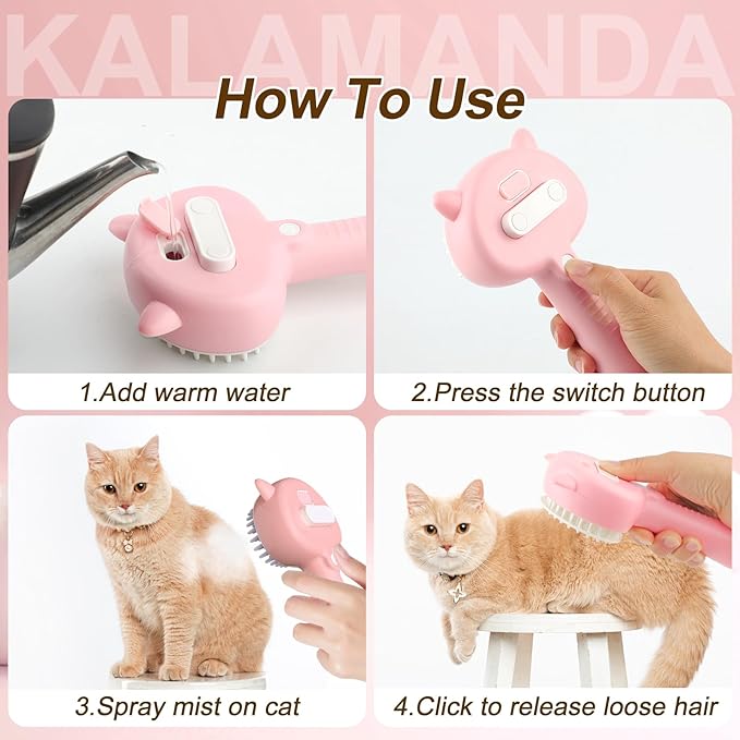 Cat Steam Brush for Shedding, 4 in 1 Steamy Cat Comb with Handle, Rubber Pet Misting Brush with Release Button for Indoor Kittens Small Animals(Pink)-Mewly Pet