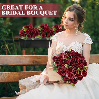 Zeyune 8 Pack 12 Inch Wedding Bouquets for Bride Bridesmaid Burgundy Artificial Rose Bouquet Fake Silk Roses Flowers Bunches Bulk for Home Office Garden Parties Decoration