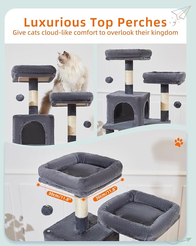 Taoqimiao Cat Tree, 68-Inch Cat Tree Cat Tower for Indoor Cats, Plush Multi-Level Cat Condo with 6 Scratching Posts, 2 Perches, 2 Caves,Hammock, 3 Pompoms,MS020SG Smoky Gray-Mewly Pet