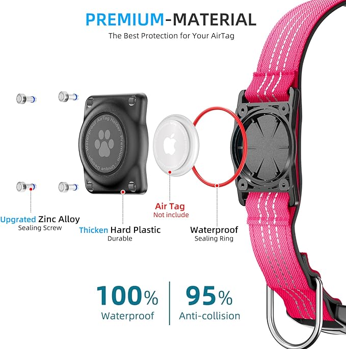 Upgraded AirTag Dog Collar, IP68 Waterproof Air Tag Dog Collar Holder, Reflective, Ultra-Durable, Comfortable Padded, Heavy Duty Dog Collars for Small Medium Large Dogs (XL (15.6"-22"), Hotpink)-Mewly Pet
