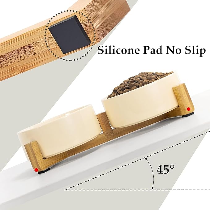 SPUNKYJUNKY Ceramic Dog and Cat Bowl Set with Wooden Stand, Modern Cute Weighted Food Water Set for Small Size Dogs (13.5OZ) & Medium Sized Dogs (28.7OZ) & Cats (1.7 Cups, 2 × Beige)-Mewly Pet