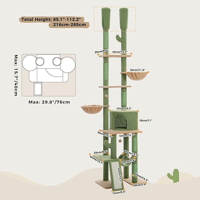 PAWZ Road Cactus Cat Tree Floor to Ceiling Cat Tower with Adjustable Height(85-112 Inches), 7 Tiers Climbing Activity Center with Cozy Hammocks, 5 Platforms and Scratching Posts for Indoor Cats-Mewly Pet