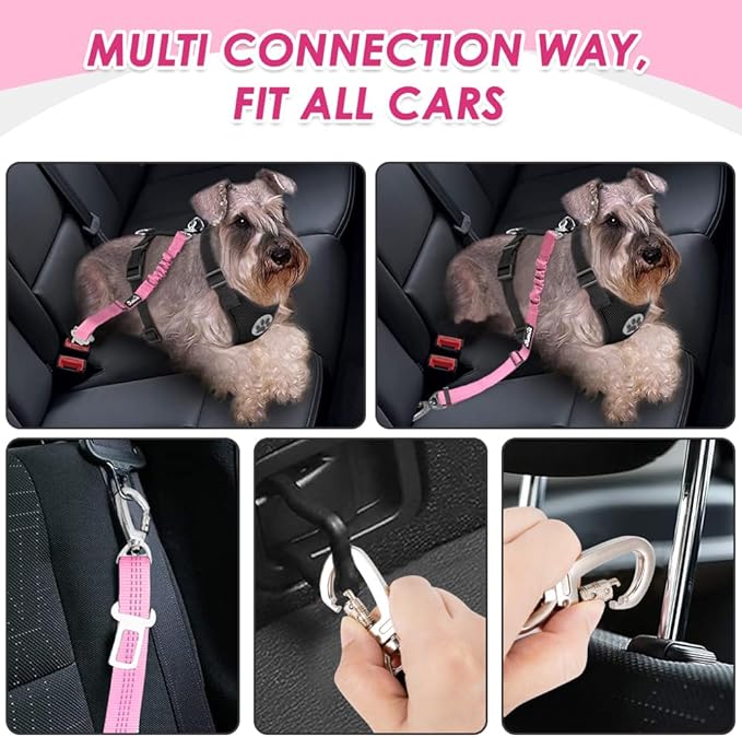 Lukovee Dog Seat Belt for Car, Adjustable Dog Car Harness for Large Medium Small Dogs, Soft Padded & Breathable Mesh Dog Seatbelt with Car Strap and Carabiner(Pink Double Clip,XX-Small)-Mewly Pet