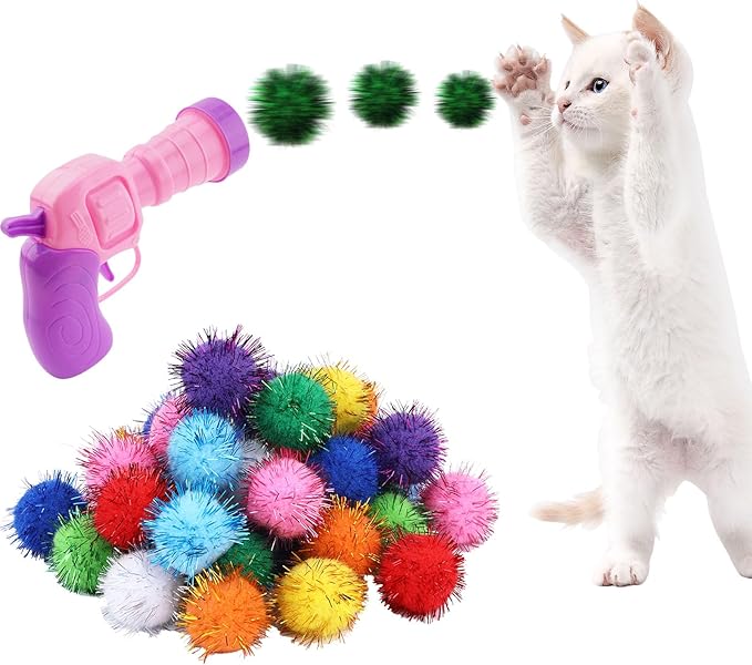 Dorhui Cat Toy Balls with Launchers Set, 30 Pcs Sparkle Pom Ball for Cat,Cat Enrichment Toys,cat Toys for Indoor Cats, Interactive Glitter Pom Ball for Kitty Gifts-Mewly Pet