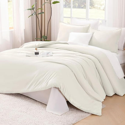 Litanika Ivory Comforter Set King Size, 3 Pieces Lightweight Solid Bedding Comforter Set, All Season Fluffy Bed Set (104x90In Comforter & 2 Pillowcases)