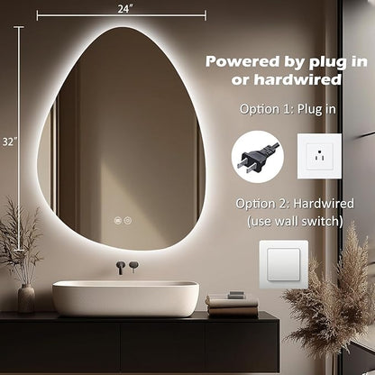 LED Light Bathroom Mirror 24x32, Stepless Dimmable Irregular LED Mirror with 3 Colors, Anti-Fog, Memory, Al-Alloy Lampshade, Frameless Makeup Mirror for Bathroom (Horizontal/Vertical)