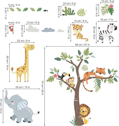 decalmile Jungle Animals Tree Wall Decals Elephant Giraffe Lion Safari Wall Stickers Baby Nursery Kids Bedroom Living Room Wall Decor