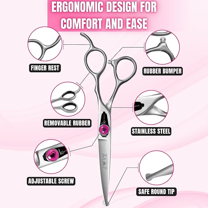 Kenchii Love Dog Grooming Scissors, 6.5 Inch Curved Balltip Shears, Dog Scissors for Grooming, Professional Pet Grooming Scissors, Safety Round Tip Shears-Mewly Pet