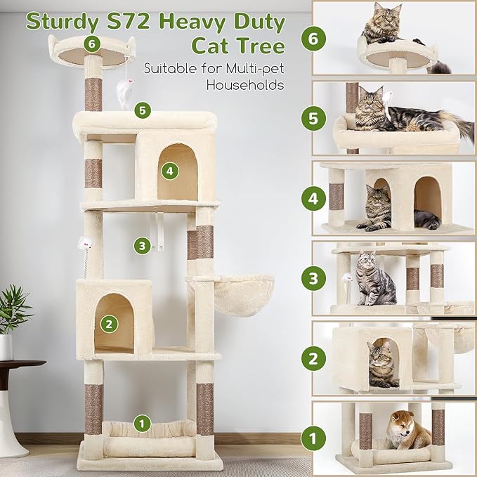 Globlazer Heavy Duty Cat Trees for Large Cats, Sturdy 72in Maine Coon Cat Tree for Large Cat 20 lbs+ Heavy Duty Cat Tower for Adult Biggest Cats with 6 Scratching Posts, Hammock, S72, Beige-Mewly Pet