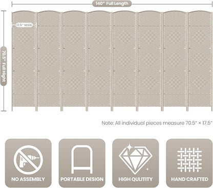 8 Panel Room Divider,6Ft Folding Privacy Screen,Tall - Extra Wide Foldable Panel Partition Wall Divider with Diamond Double-Weaved Hand-Woven Design Room Screen Divider