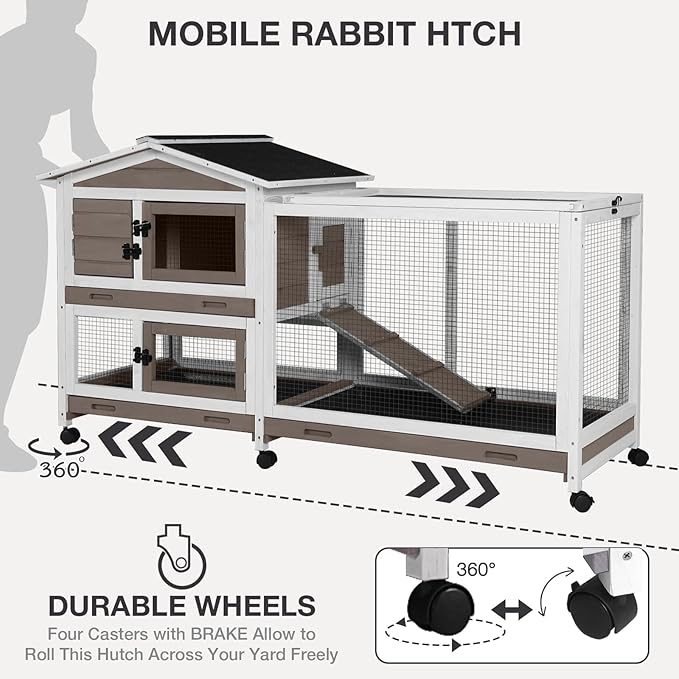 2-Story Indoor Rabbit Hutch with Chew-Proof Outdoor Rabbit Cage with 6 Locking Casters Bunny Cage 2 Pull-Out Trays Guinea Pigs Cage 62" Brown-Mewly Pet
