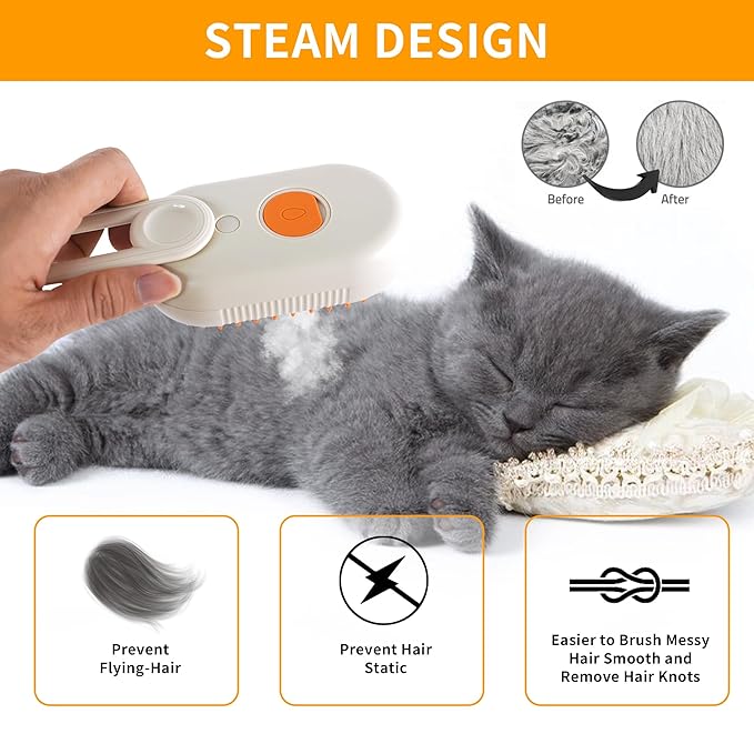 Cat Steam Brush - 3 in 1 Spray Pet Comb for Shedding, USB Rechargeable Pet Hair Removal, for Cats, Cat Grooming Brush, for Kittens and Puppies, Massage and Remove Loose Hair-Mewly Pet