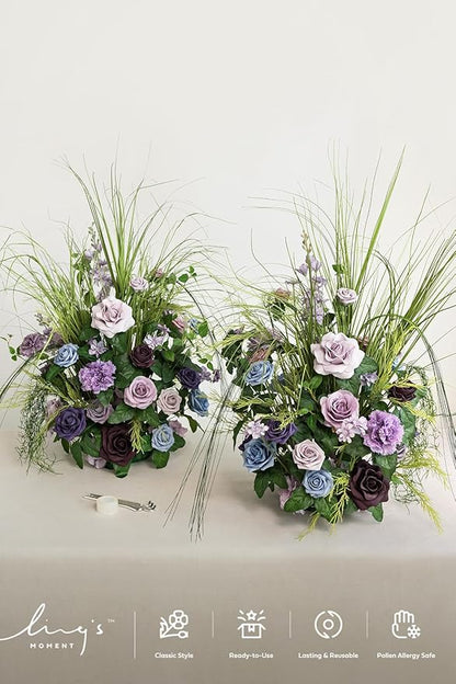 Ling's moment 41" Tall Fall Free Standing Artificial Flowers Arrangements 2pcs Wedding Aisle Runner Chair Decoration Fake Sage Purple for Arch Entryway Ceremony Reception Church Rose Floral Party