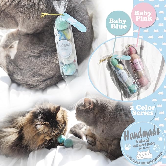 Felt Wool Cat Toys Ball with Catnip and Bell, Natural Handmade (Baby Blue (5 Units))-Mewly Pet