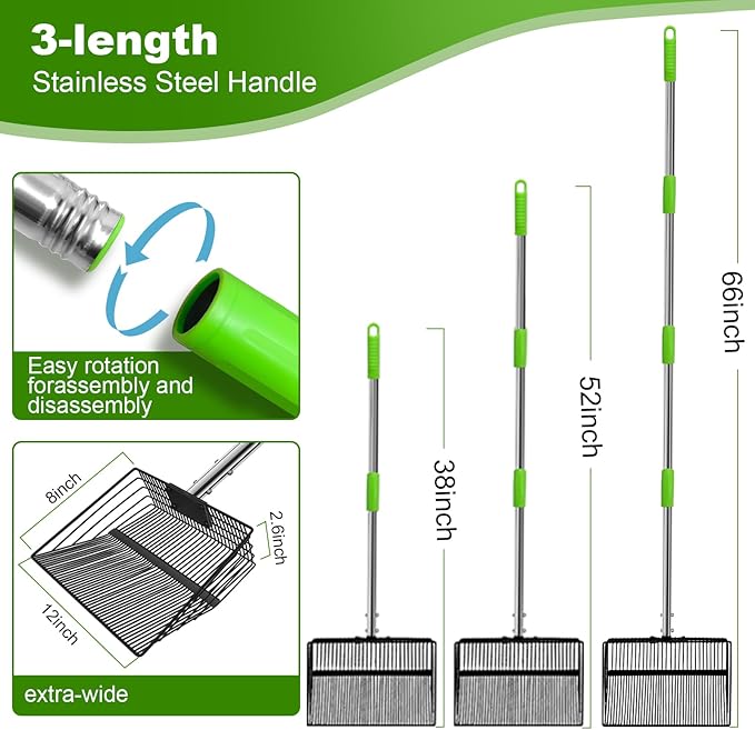 12inch Large Chicken Poop Scooper，2 Widths of Slots Litter Sifting Shovel （23 to 66"），Chicken Coop Litter Scoop with Stainless Steel Handle, 4 in 1 Multifunctional Heavy Duty Chicken Coop Accessories-Mewly Pet