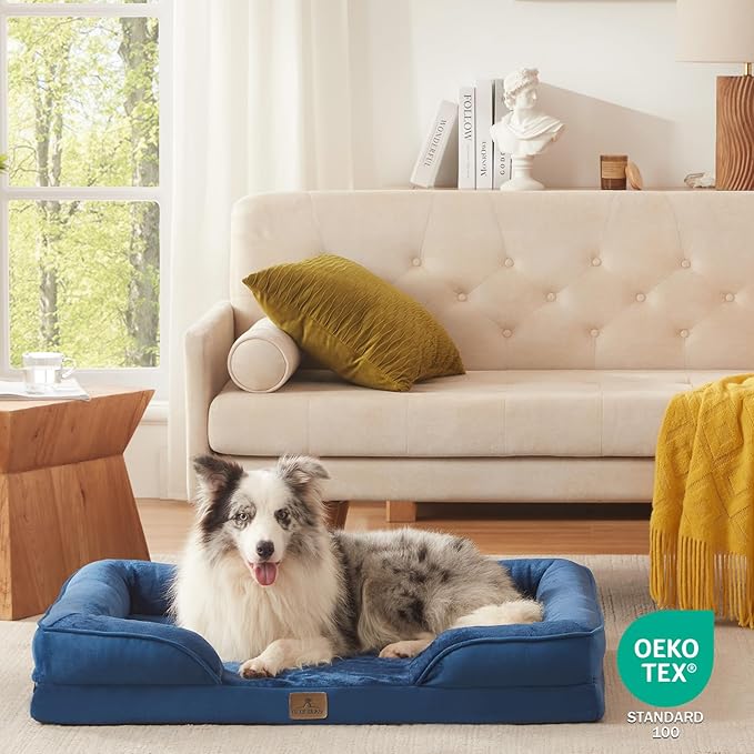 Bedfolks Orthopedic Dog Bed, Big Waterproof Dog Sofa Bed for Large Dogs, Egg Foam Pet Couch Bed with Removable Washable Cover and Nonslip Bottom, Navy Blue-Mewly Pet