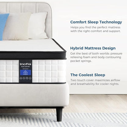 Inofia 10 Inch Queen Hybrid Double Mattress in a Box - Medium Firm, Memory Foam & Pocket Springs, Fiberglass Free, Motion Isolation, Pressure Relief, Edge Support, 10-Year Support, CertiPUR-US