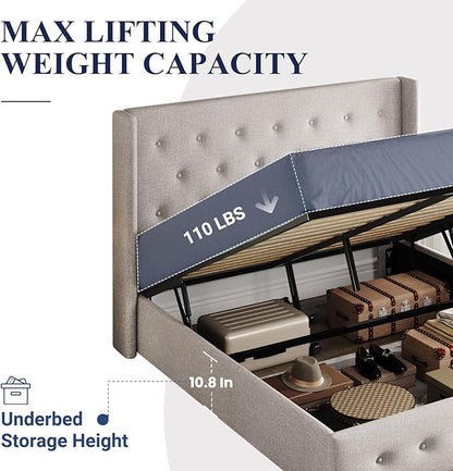 Allewie Queen Size Lift Up Storage Bed, Button Tufted Headboard with Wingback, Hydraulic Support, No Box Spring Needed, Light Beige