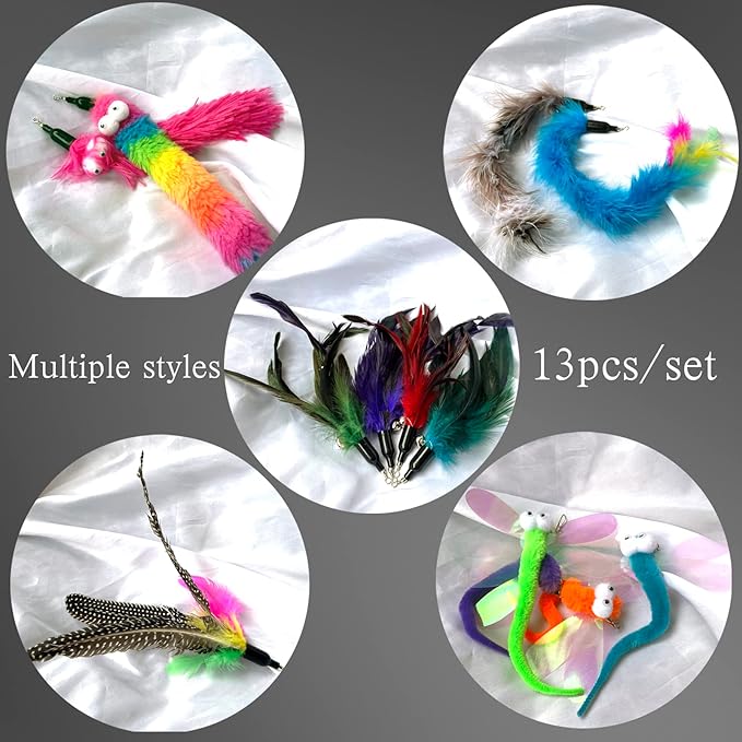 Cat Worm & Dragonfly Teaser Wand Attachments - 13 Pcs Assorted Refills with Bell-Mewly Pet
